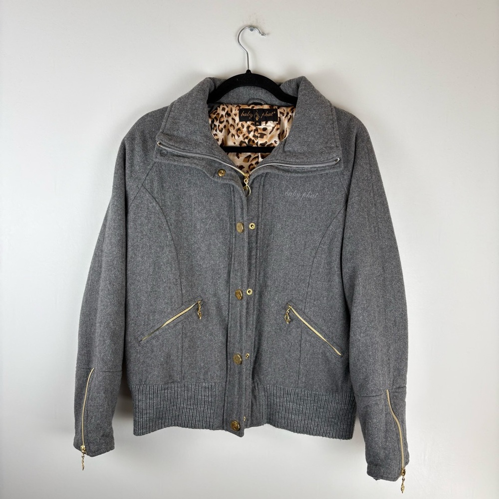Baby Phat Womens X Large Vintage 90s Y2k Wool Bomber Jacket Full Zip Button Gray